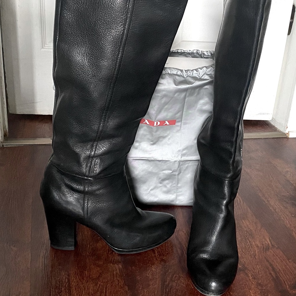 Prada leather black pull on knee high boots